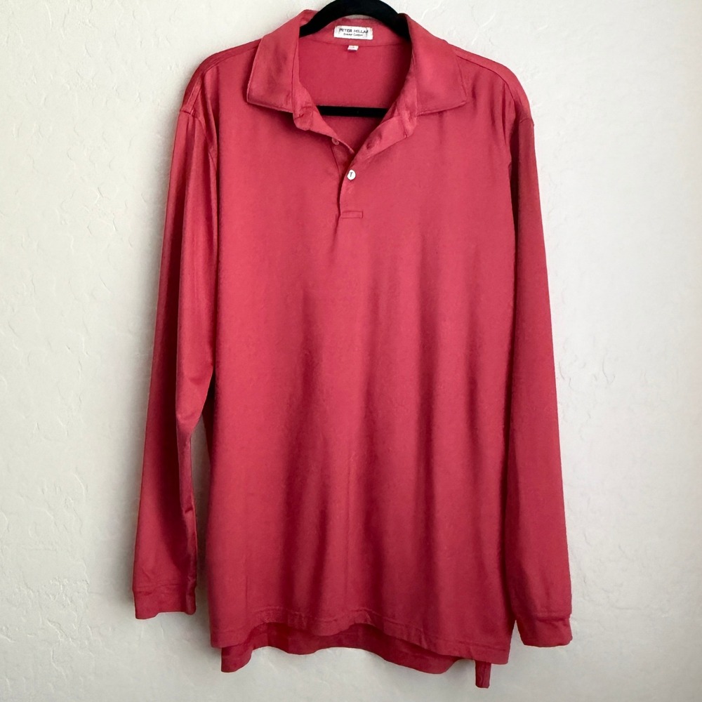 Peter Millar Men's Solid Performance Jersey Polo Long Sleeve Shirt Red Large